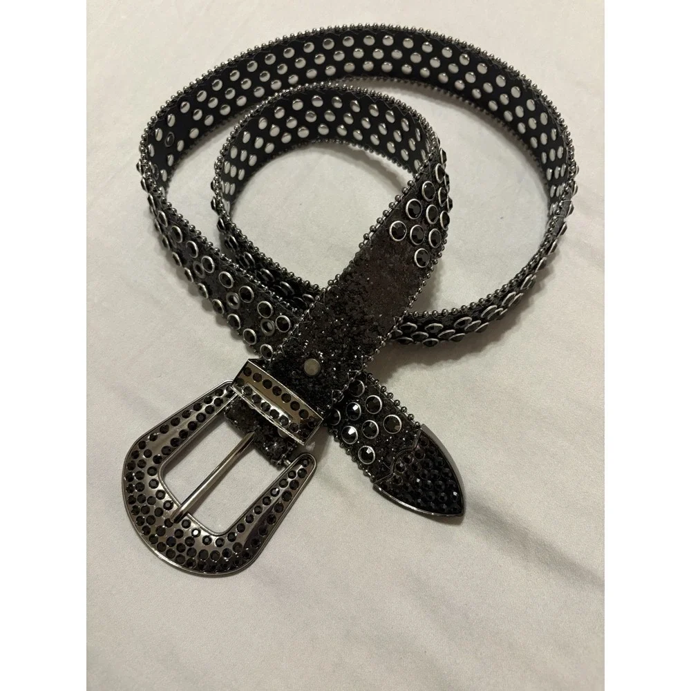 Black Silver Studded Rhinestone Bling Women's Belt with Metallic Buckle